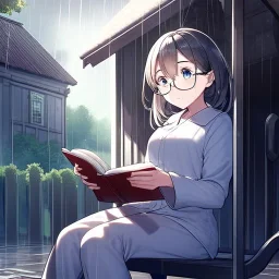 anime girl sitting on a porch swing of an old house, journaling, wearing pajamas, writing in a book, shes watching it rain, more detail on hands and her face,shes deep in her thoughts, wearing glasses, rain drops