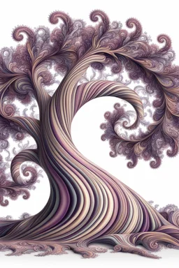 twisty striped spiral tree trunk with fractal branches that have purple pastel paisley patterned leaves