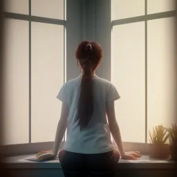 female student studying by the window, anime style, unreal engine 5, sun light, studio lighting --ar 1:1