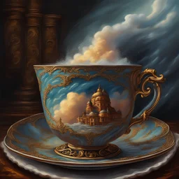 A captivating storm with lightning and rain captured inside an ornate tea cup, placed on a luxurious marble table. The scene is highly detailed, featuring intricate clouds swirling within the cup. The close-up shot emphasizes the textured brush strokes of an oil painting, evoking a Pixar animation style with vivid colors and dynamic movement.