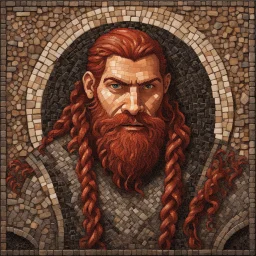 a medieval mosaic, picture made of mosaic tiles, Dnd, fantasy, portrait, only face, dwarf, blacksmith, kind, hearthy, red hair, braided beard