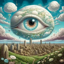 A surrealistic landscape of a dreamlike world. There's a giant eye with a tiny person standing on its iris. The eye is surrounded by clouds. In the background, there's a city with buildings that resemble teeth. The ground is covered with small, white flowers. We share