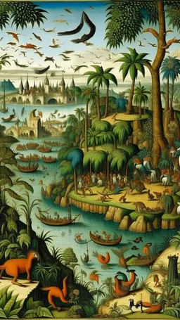 Bosch paint style nightmare, a city with green date palms trees and river and birds and boats and animals