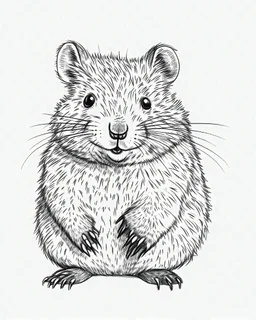 Simple outline of cute vector, highly realistic details, smiling quokka, white background, no background, illustration, monochrome