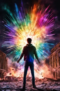 Young man standing, with arms raised, in front of an exploding building at night, with coloured auras around him