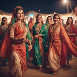 Hyper Realistic Traditional Pushto girls & women smiling & doing traditional dance & wearing traditional desi cloths at night in a cultural celebration with other people & lights