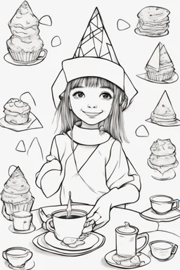 A little girl with a triangular party hat, enjoying a tea party with geometrically shaped cookies and cups. Use triangles for the hat, cookies, and other party decorations. very happy , Colloring page for todlliers ; basic hawali style cartoon , black and white , ink outlines , , smooth , anime style , minimalist , cute eyes , full body , white shose , sketchbook , realistic sketch , free lines , on paper , character sheet , clean line art high detailed