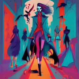 A vampire fashion and a catwalk with loads of clothes on the side with vibrant colours illustration