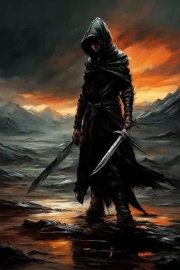 A formidable warrior-a 10-year-old boy in a black robe with a hood, on the background Amazing gloomy landscape, flooded with sunset, mountains, trees, fabulous scary hero, , juicy emotions, painting, dark fantasy, bad weather, gloomy day, dark world, by Raymond Swanland & Anna Razumovskaya