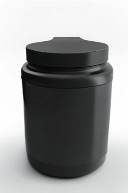 black container, plastic, realism, with screw lid, no labels, round container, view from the front, protein powder