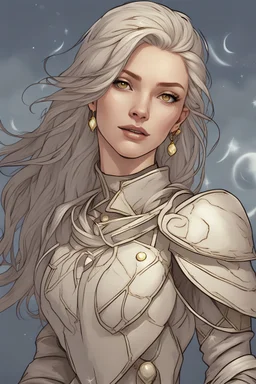 Generate a dungeons and dragons character portrait of a Female Aasimar. Her eyes are silver. Her Hair is white. Her Skin is a hazel complexion with a subtle, golden sheen. She is in camp surrounded by soft moonlight.