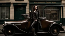 full-height portrait of a pale-faced steampunk woman with straight dark shoulder-length hair, with metal arms and legs, dressed in leather trousers, and a jacket, in a busy Victorian street next to a steam car