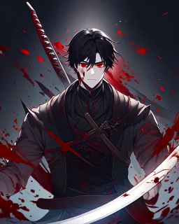 Boy holding a sword with a look of murderous intent, black hair and red eyes, Wears a stealthy outfit, he has a symbol with the letter Z in the middle on his clothes, his hair is short, on his sword there was blood, black background reminiscent of a nightmare