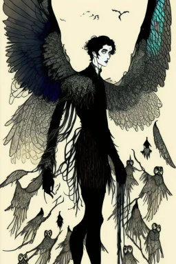 Black haired, owl-man, Skinny, warlock, with wings and owl legs, in the style of Harry Clarke