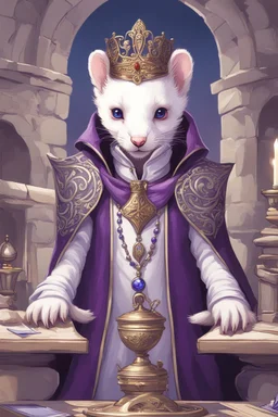 (anthropomorphic white ferret),dressed in ((cleric fantasy)) black and purple clothes with silver holy ornaments, realistic anatomy, fantasy tavern on background, mage and holy symbols around, serious face, hold holy symbol, tired face, in the style of LOISH, look at the vivewer, blue eyes, cute face