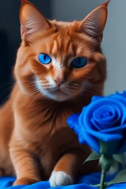 ein roothaariger Kater hält eine schöne blaue Rose in der Pfote