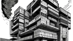 Brutalist architectural masterpiece, its rigid geometric forms enhanced by the patterns created by rainfall cascading down its weathered, monochromatic facade, draw art style influenced by japanese artists, niji, black outlines