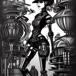 great illustrator, spanish, pencil sketch of a cute girl, beautiful, steampunk syle, black and white. Helmet with tubes. venetian mask. Machinery in the background. robotic birds flying. High details.