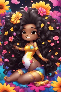A sassy thick-lined airbrushed cartoon black chibi girl lounging lazily on her side, surrounded by colorful flower petals. She has a golden lion tail curling playfully behind her curvy body. Looking up coyly, she grins widely, showing teeth. Her poofy hair forms a mane framing her confident, regal expression.