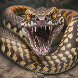 A coiled viper with its fangs bared