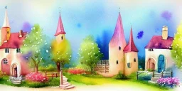 exquisite whimsical village watercolor, delicate village, cute, adorable, linen backdrop, warm colors