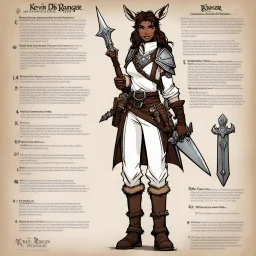 character concept sheet with AD&D statistics and characteristics, [illustration by Kevin Eastman and Peter Laird] she is a ranger: her totem is a deer like a second skin of dark magic. Clad in a white tunic, brown pants, and a leather belt with mysterious pouches, her silver dagger in hand.
