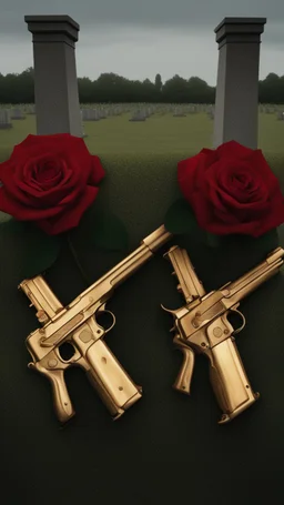 two golden guns above a grave in a field full of red roses.cinematic