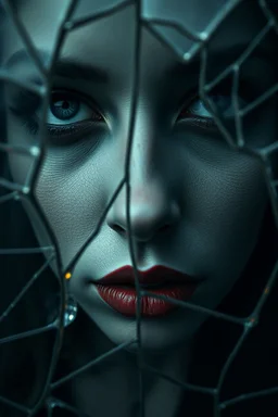 Close-up shot. A cracked pale face deep gaze dark makeup and lips figure through looking a fractured cracked glass pane, revealing glimpses of a surreal hightech cityscape. Hyperrealistic, sharp focus, intricate details, surreal style by Dali, Bosch, Kandinsky, beautifully shot. High contrast, cinematic, dark gloomy, atmospheric, moody. 64 megapixels, perfect compositi