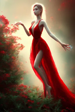 Adorable woman in red gown volumetric light ray in haze