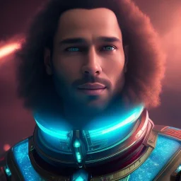 Un retrato de un rey cristalizado sonriente, motor atmosférico, realista e irreal, iluminación cinematográfica, representación de octanaje, luz transoarente, rosa turquesa, espacio, galaxias