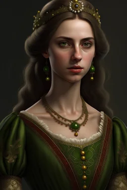 Realistic Italian queen with brown hair, green eyes and a medieval dress