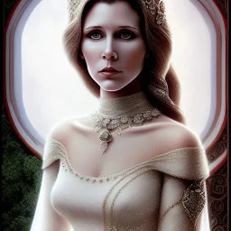 pltn style, beautiful photorealistic carrie fisher, hazered, jeweled veil, tall, slender, long hair, smooth, flawless skin, deep, mysterious eyes, white gown, intricate beading, sparkling jewels, diamonds, rubies, regal, dignified, graceful, fluid, ethereal quality, light steps, roses, jasmine scent, shimmering light, spirit, hope, joy, mortal, extraordinary beauty, charm, mystery, legend, fascination, cute big circular reflective eyes, Pixar render, unreal engine cinematic smooth, intricate