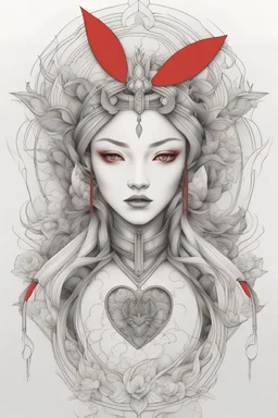 Create a captivating modern 2d lineart black and red ink tattoo design for print , prestigious Divine Heart King using the elegant influences of japan art style, for print, dynamic elements from fashion and design, and bold Japanese contemporary art aesthetics, framing centered in the center, distanced from the edges of the paper perimeter, perfect anatomy, bauhaus, Divine Proportion,