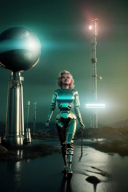 Ultra Realistic retro sci-fi scene, portrait, blonde woman, sweet young Marilyn Monroe face, perfect iris, tight latex coat, Strange planet background, Retro sci-fi style helmet, fog, rain, soft color, highly detailed, unreal engine 5, ray tracing, RTX, lumen lighting, ultra detail, volumetric lighting, 3d, finely drawn, high definition, high resolution.