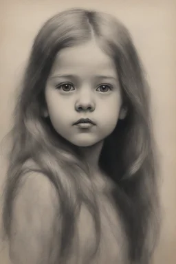 A little girl with long hair, charcoal sketch on toned paper -- hints of red