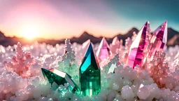 paesaggio di topazi smeraldi cristalli, quarzo rosa e ialino luccicanti bianchi sole nascente brillante alta definizione 8k