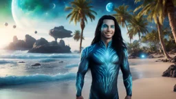 beautiful gorgeous young man na'vi with long hair, Avatar, blue skin, two small ears, green eyes, black hair, in cosmic suit, galactic ambiance, smiling, with spaceship and planets and palm trees and clear crystaline cosmic beach in background