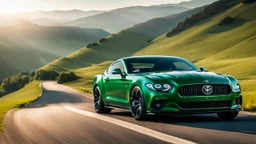 Cross between Ford mustang and bentley, on a road of green hills in morning
