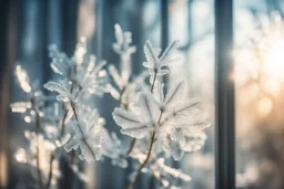 ice flowers on a window in sunshine, ethereal, cinematic postprocessing, bokeh, dof