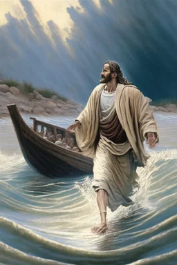 Peter walking on water from the boat going to Jesus Christ on the shore