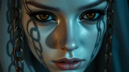 close up pale blue-white face with black-dark gold eyes with black shadow void gaze, hyper-realistic detail face, floats in deep darkness, deep blue abyss, void vibe,, vertical shadows of five chains projected on her face, crepy stunning, surreal vibe with meticulous textures, dark shadows