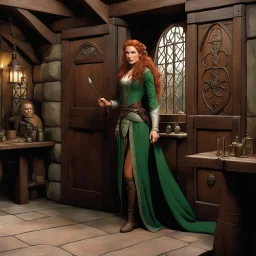 [high res photo by Ray Harryhausen, in the room of a tavern of middle earth] Minutes pass, and you hear footsteps approaching. The door creaks open, a woman enters. She's tall and statuesque, with long auburn hair and piercing green eyes. Her fine clothes mark her as a woman of means, and her demeanor suggests a mix of nervousness and intense desire.