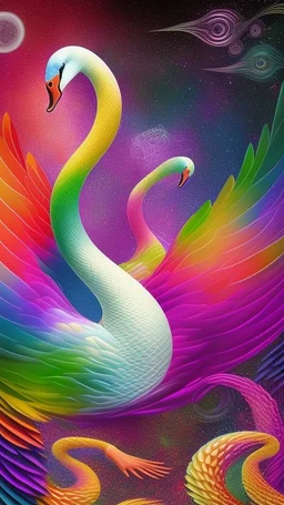 a psychedelic swan in a colorful wonderland