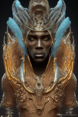 black male African Egyptian alien, cracks in the voodoo head, wicked, diamond eyes, crown, blood, 8k, finely detailed, photo realistic, leopard robe turquoise skull head gold dragon space alien rain skeleton gold teeth silver crown silver space suit spaceships