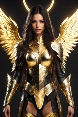 Excellent Realistic Gorgeous Photography elegant Beautiful Girl as Angel Warrior golden armor character with long hair, layered dark hair adorned with an advanced UI accessories. playful body manipulations, divine proportion, non-douche smile, gaze into the camera, holographic shimmer, She wears a futuristic yet simple black outfit with gold and red symbolic patterns, featuring a wide neckline and a cinched waist tied with a red obi belt. Accompanying her is a majestic mech-dragon swirling aroun