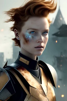 ultrarealistic, ruined city,__sci-fi armor__, __angles__, 18 year old woman, strikingly beautiful, ginger hair, _colour_, [__starlets__|__starlets__], (pale __skincolor__ skin:1.2), __camera__, _hair_, detailed face and eyes, medium breasts, leather choker, freckles, dynamic pose, resolved expression, __accessory__, strappy outfit, (straps:1.1), sword in scabard on left hip, (buckles, buttons, snaps, rings:1.0), haltertop style breastplate, detailed eyes, plump lips, sci-fi theme