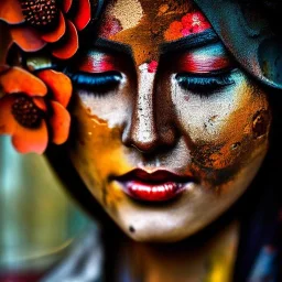 an abstract painting oil in canvas of rusted metal and flowers, Geisha portrait, rust, scaffolding, iron cladding, decay, mixed media, textured, anatomically correct, beautiful perfect face, sharp focus, highly detailed, masterpiece, realistic, intricate detail, sci-fi fantasy style, volumetric lighting, particles, highly detailed ,cinamatic , deep colours, 8k, by Gustav klimt , signed YAK