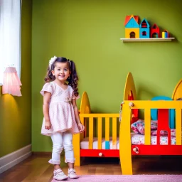 a 4 years old azeri girl in modern clothing and makeup standing pose with cute and joy with pertty shoes in a baby bedroom
