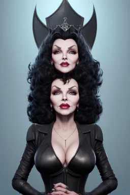 Joan Collins as evil queen in black leather, leather, busty, cleavage, angry, stern look. character design by cory loftis, fenghua zhong, ryohei hase, ismail inceoglu and ruan jia. unreal engine 5, artistic lighting, highly detailed, photorealistic, fantasy