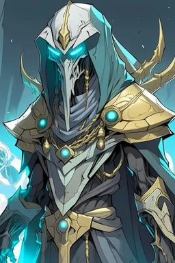 Anime alien villain character with random skin, huge , antagonist smart,too much modern armour and wearing a robe cover his head , aged thousand years and can He achieves anything he imagines